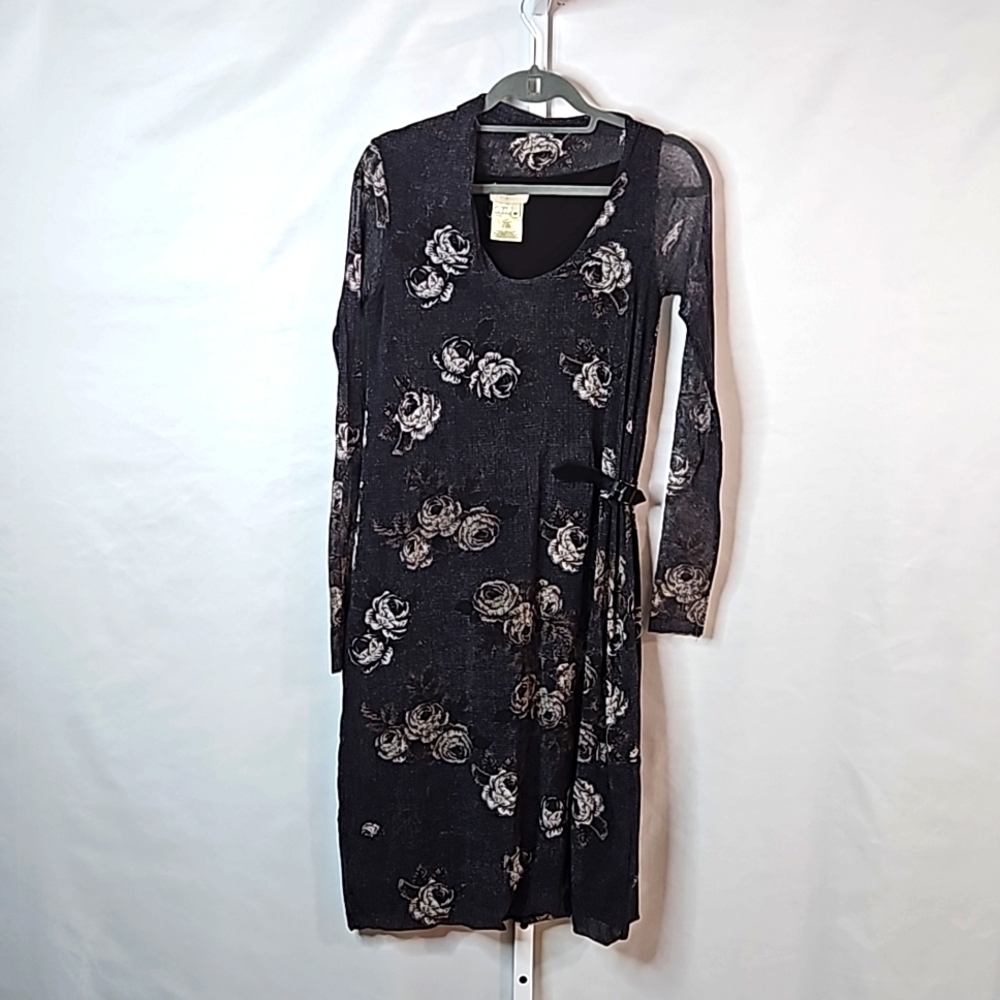 Fuzzi  Womens Multicolor Floral Italian Lined Long Sleeve Tule Shift Dress Sz M